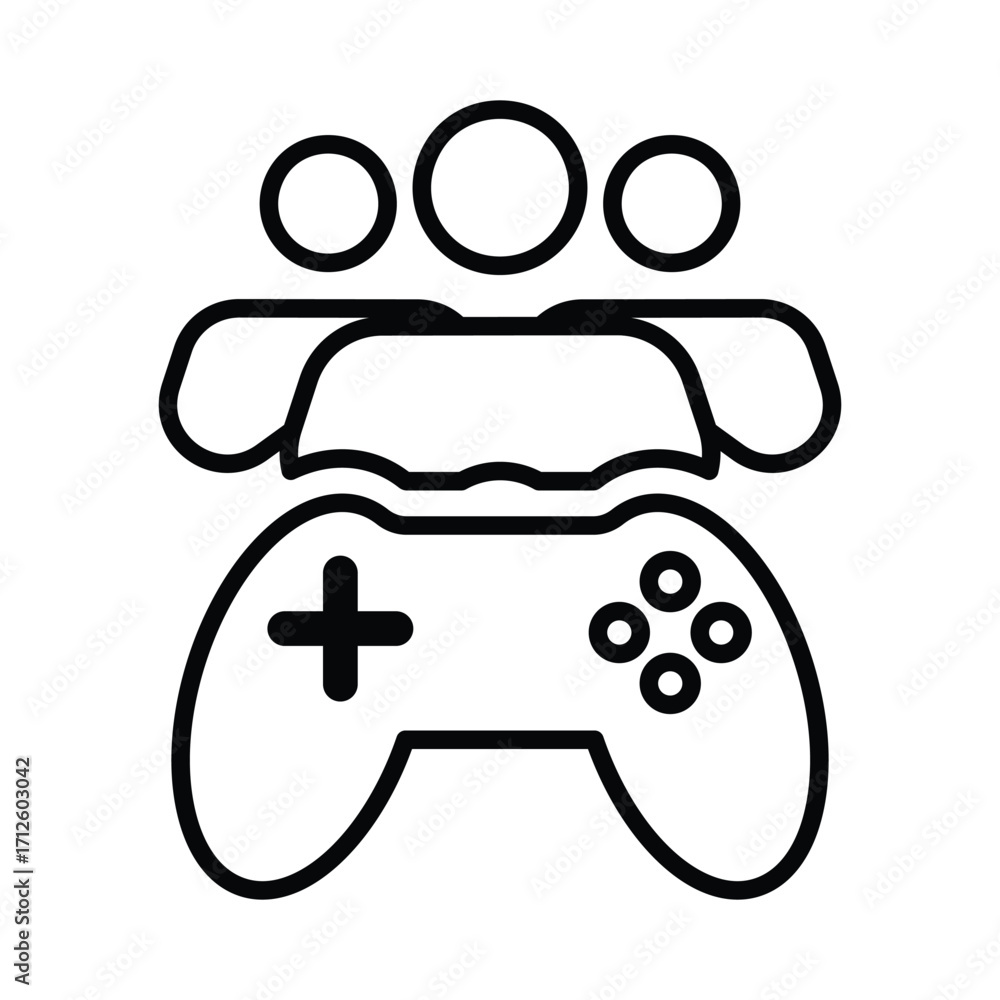 Poster Black and white outline of a video game controller below three figures with circular heads and rounded shoulders. Line icon. Editable stroke