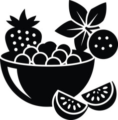 Black and white vector illustration of a healthy bowl of strawberries, fresh ripe fruit