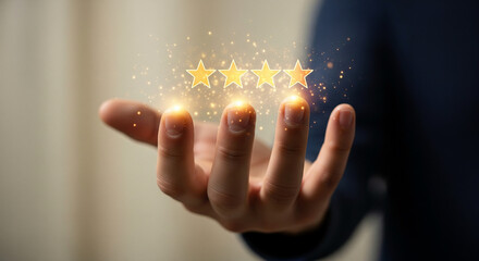 Businessman holding five golden stars for excellent service rating. Concept of customer satisfaction, review, and positive feedback