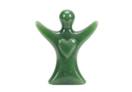 Isolated guardian angel figurine crafted from jade gemstone with heart symbol on its chest