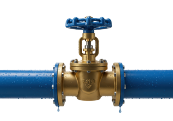 Isolated blue pipe valve on line connected by flange with water condensation on surface