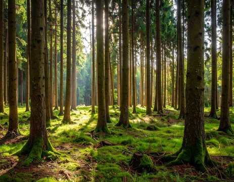 Sunlight streams through tall pine trees in a dense forest, illuminating mossy ground