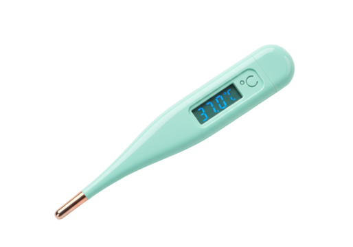 Isolated digital thermometer displays 37.0 degrees Celsius for health & temperature check