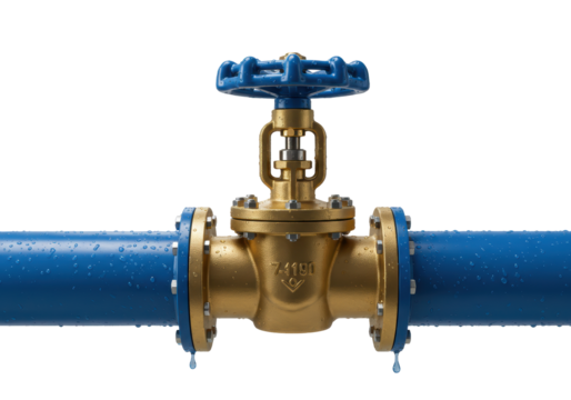 Isolated blue pipe valve on line connected by flange with water condensation on surface