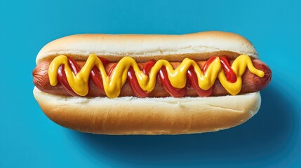 Colorful Hot Dog Topped With Mustard, Ketchup, and Relish on the blue  Background 