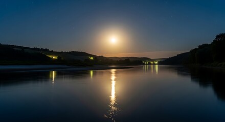 Moonlit lake reflecting the full moon and distant lights on a clear night.