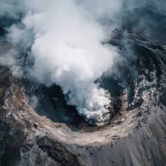 Dramatic aerial view of an active volcano crater emitting a thick plume of white smoke