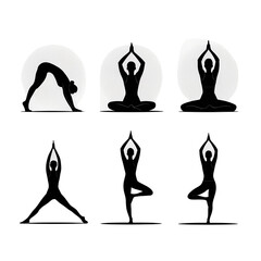 Fototapeta premium Serene Yoga Poses: Silhouette Illustrations, Mindfulness, Wellness, Spiritual, Black and White.