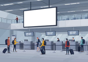Passengers with luggage queuing at airport check-in counters before flight departure.