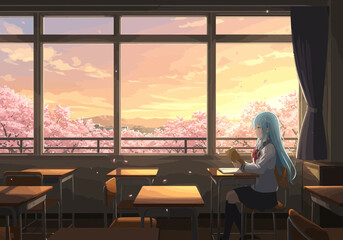 Fototapeta premium Anime girl studying in classroom with cherry blossoms outside.