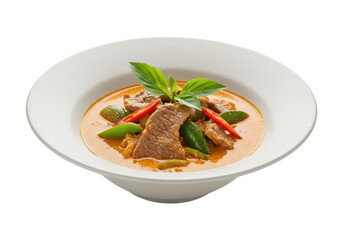 Isolated bowl of beef red curry, delicious Thai cuisine prepared with coconut milk