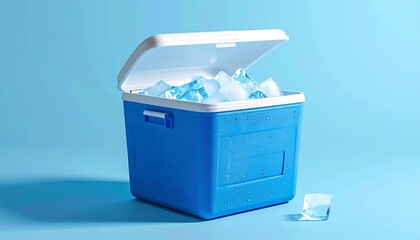 A blue cooler filled with ice cubes sits against a light blue backdrop—its white lid ajar, evoking freshness, utility, and the chilled simplicity of outdoor leisure and preservation.