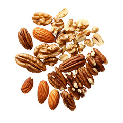 Pile of mixed nuts, various types, close-up isolated on background (PNG)