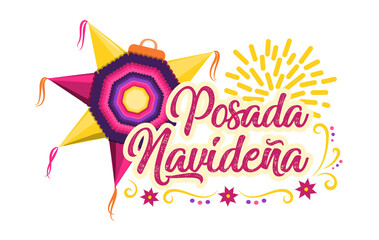 letrero Posada navideña con piñata, bengala y flor de nochebuena decorativa, tradición de navidad mexicana