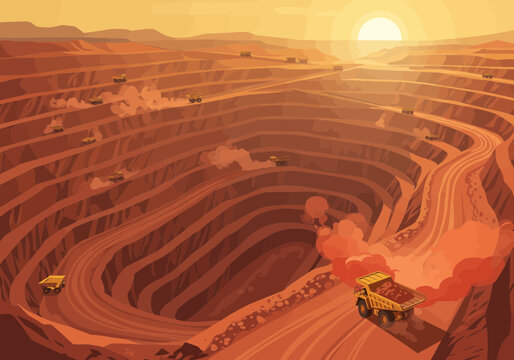 Open-Pit Mining Operation with Heavy Equipment and Dust Clouds.