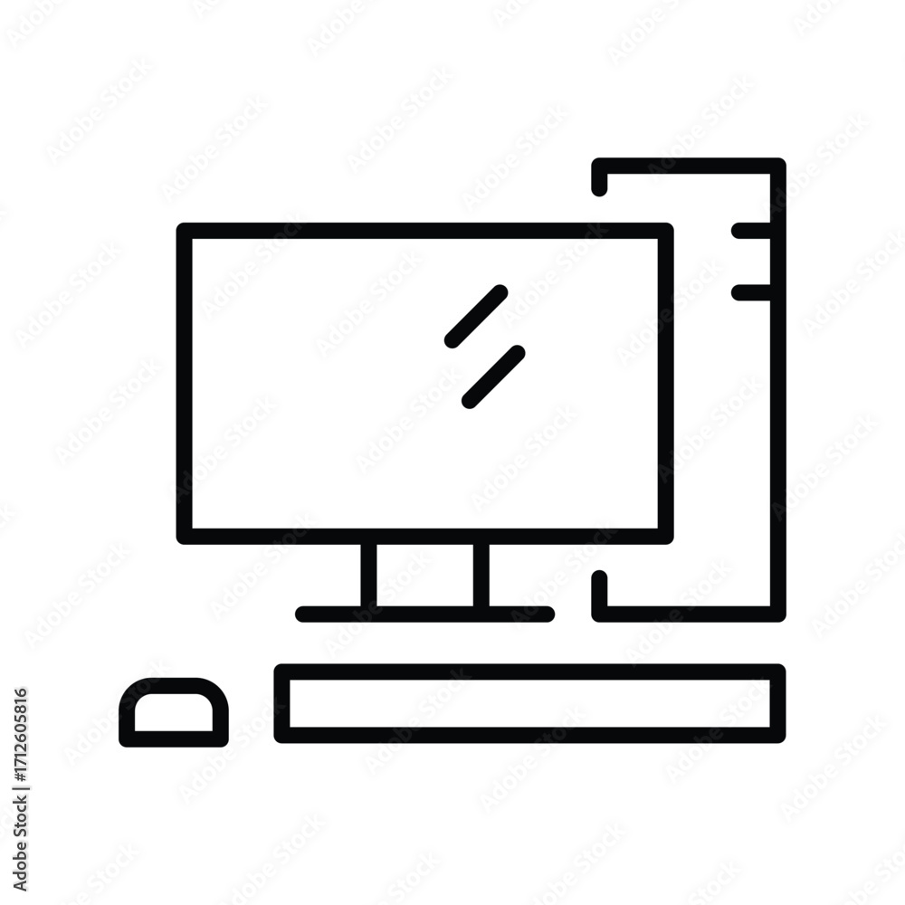 Poster depiction of a desktop computer setup with a monitor keyboard tower and mouse outlined. line icon. e
