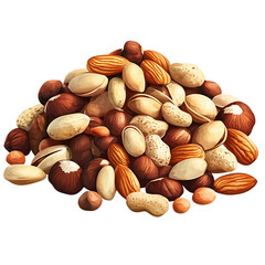 Pile of mixed nuts, various types, close-up isolated on background (PNG)