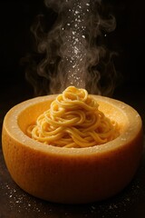 Swirling tagliatelle with parmesan steam rising from glowing cheese wheel evokes rustic Italian dining tradition and culinary authenticity