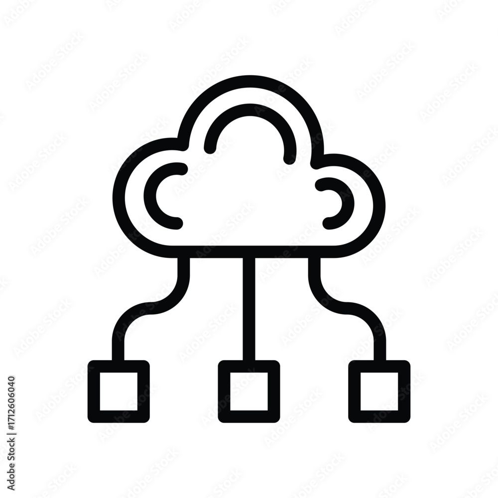 Aufkleber icon of a cloud connected to three square boxes with straight and curved lines. line icon. editable 