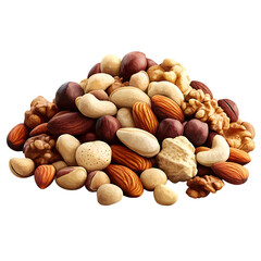 Pile of mixed nuts, various types, close-up isolated on background (PNG)