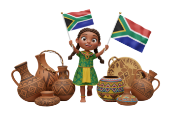 Isolated cartoon girl holding South Africa flags amid decorated earthen vessels, no background