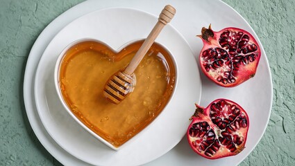 Heart shaped honey dish with pomegranate halves