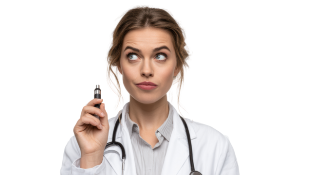 A thoughtful female doctor holding a vial, pondering health solutions on a white isolated background.