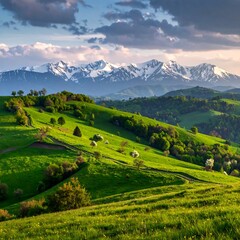 Obraz premium Lush green hills sloping gently upward, framed by a backdrop of snow-capped mountains under a vibrant, partly cloudy sky, creating a serene and breathtaking vista.