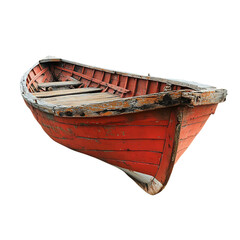 Antique Weathered Wooden Rowboat with Faded Red Paint isolated on background (PNG)