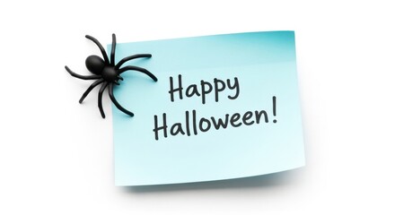 Happy halloween text on a blue sticky note with a spider isolated on white background