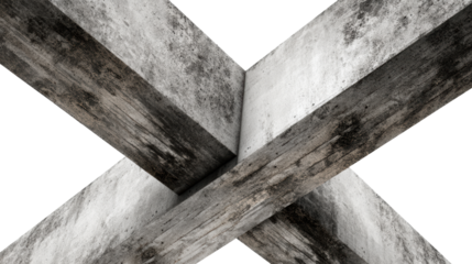 Abstract view of intersecting wooden beams, highlighting texture and design, white isolated background.