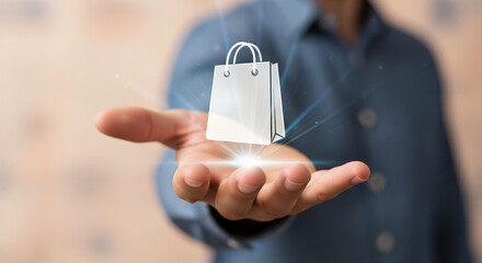 Conceptual image of a person's hand presenting a virtual shopping bag icon, symbolizing the ease of online shopping, e-commerce, and modern retail technology