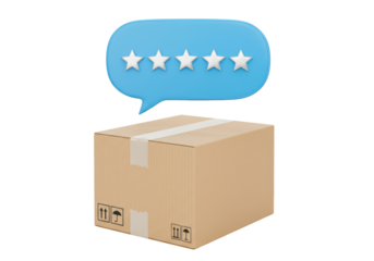 Isolated. Top rating delivery, shipping service review concept, cardboard box and speech bubble