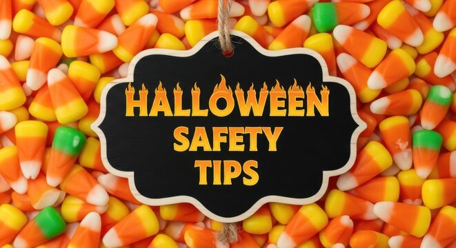 Halloween safety tips text on a background of candy corn