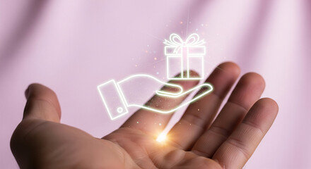 Conceptual image of digital generosity, featuring a person's hand holding a luminous virtual gift box icon for online rewards and charity
