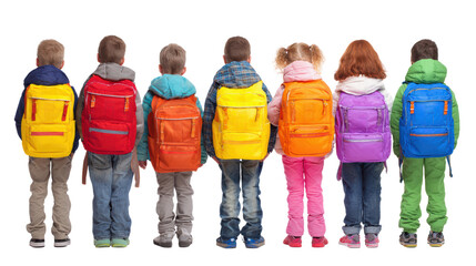Children in colorful backpacks standing in a row, isolated on a white background.