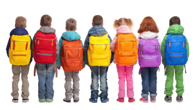 Children in colorful backpacks standing in a row, isolated on a white background.