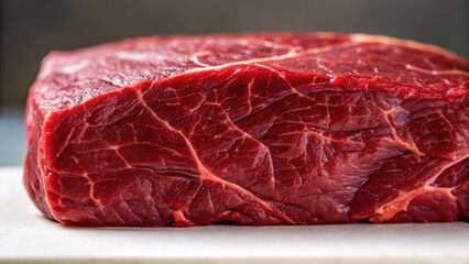 Fototapeta premium Carnivore diet promotes high protein intake. Raw beef cut showcasing intricate marbling and rich red color on a white surface.
