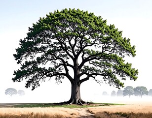 Majestic tree in a field on a hazy morning