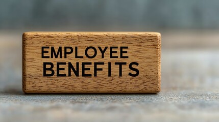 A wooden block with "EMPLOYEE BENEFITS" engraved, symbolizing workplace perks and advantages for staff.