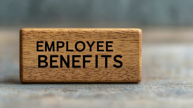 A wooden block with "EMPLOYEE BENEFITS" engraved, symbolizing workplace perks and advantages for staff.