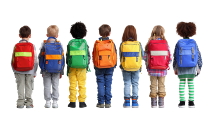 Children with colorful backpacks standing in a line, ready for school, on a white isolated background.