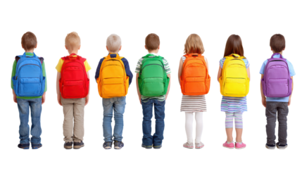 Children with colorful backpacks standing in a line, isolated on a white background.