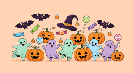 Cartoon Halloween Scene with Smiling Ghosts Jackolanterns Bats Witch Hat and Candy.