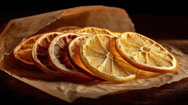 Dried lemon and orange slices arranged on brown parchment paper against a dark background.