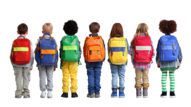 Children with colorful backpacks standing in a line, ready for school, on a white isolated background.