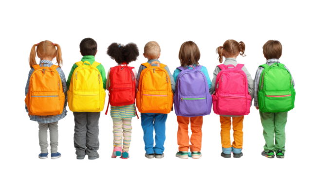 Children with colorful backpacks standing in a line, isolated on white background.