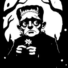 Frankenstein's Monster Holding a Flower, Black and White Illustration