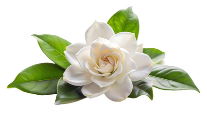 Fototapeta premium Closeup of a beautiful blooming gardenia flower with green leaves isolated on transparent background, showcasing its delicate petals and natural beauty