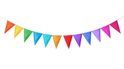 Colorful bunting flags hanging in a festive display, perfect for celebrations and events.